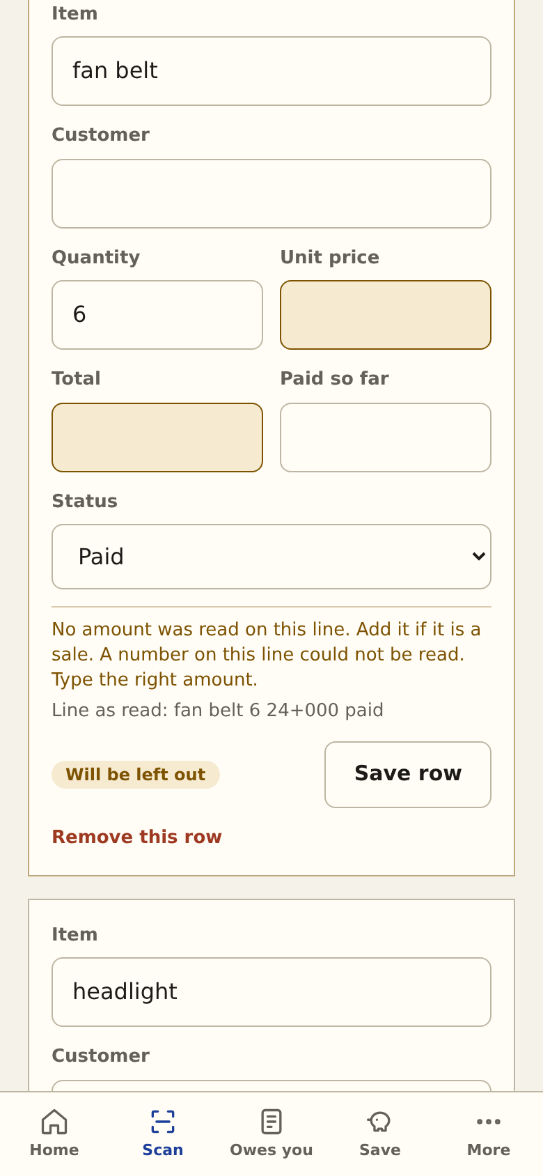 Review screen with a flagged amount