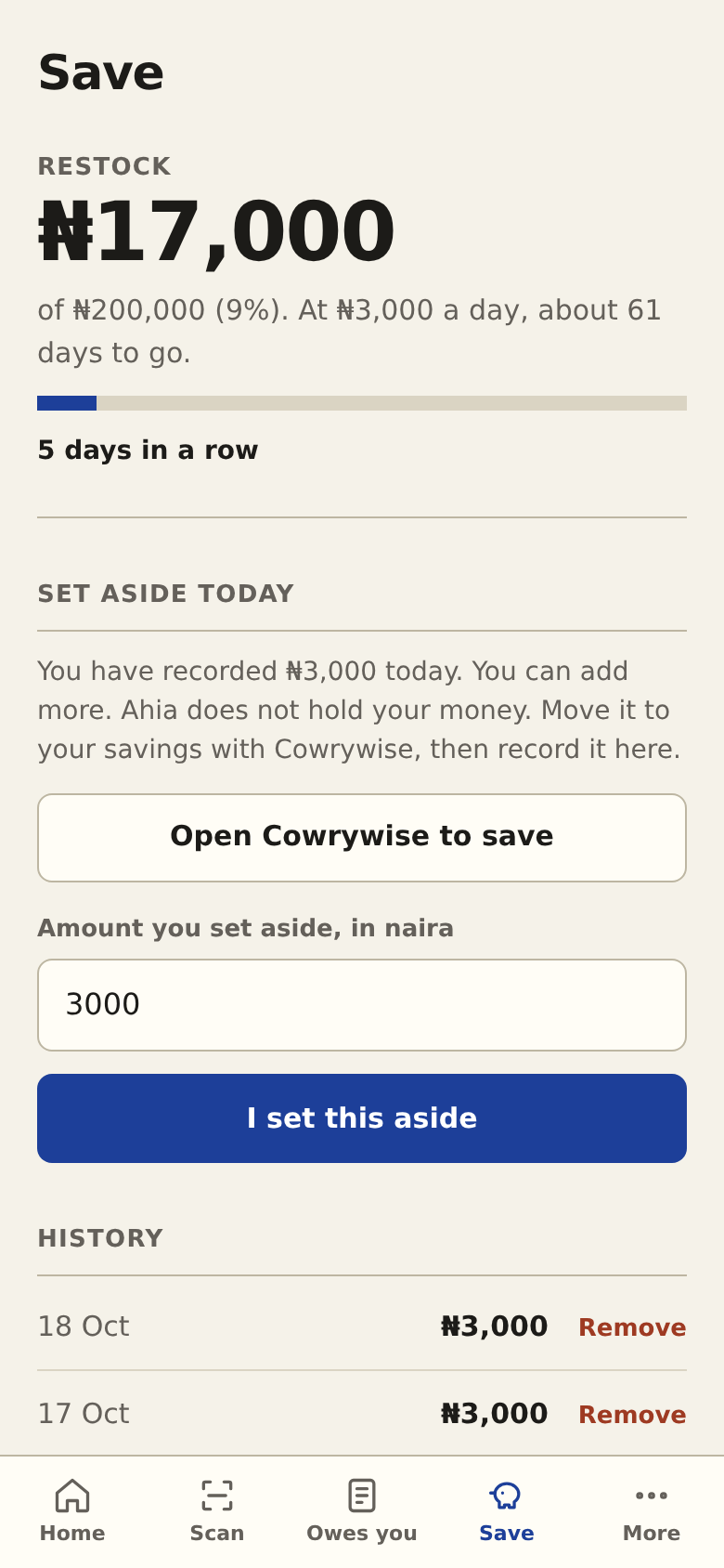 Savings goal showing progress, a streak and a button to set money aside